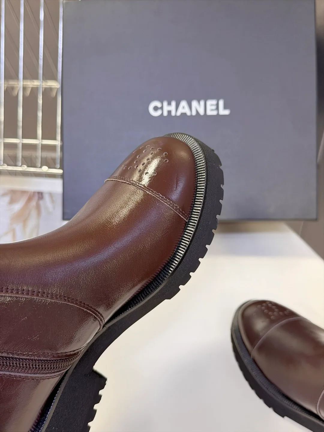Chanel Cowhide Patent Leather Glossy Round-Toe Ankle Boots in Brown · view 8