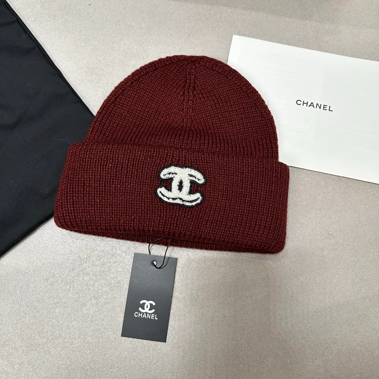 Chanel Knit Beanie in Pink & Burgundy & Black & Beige · view 2