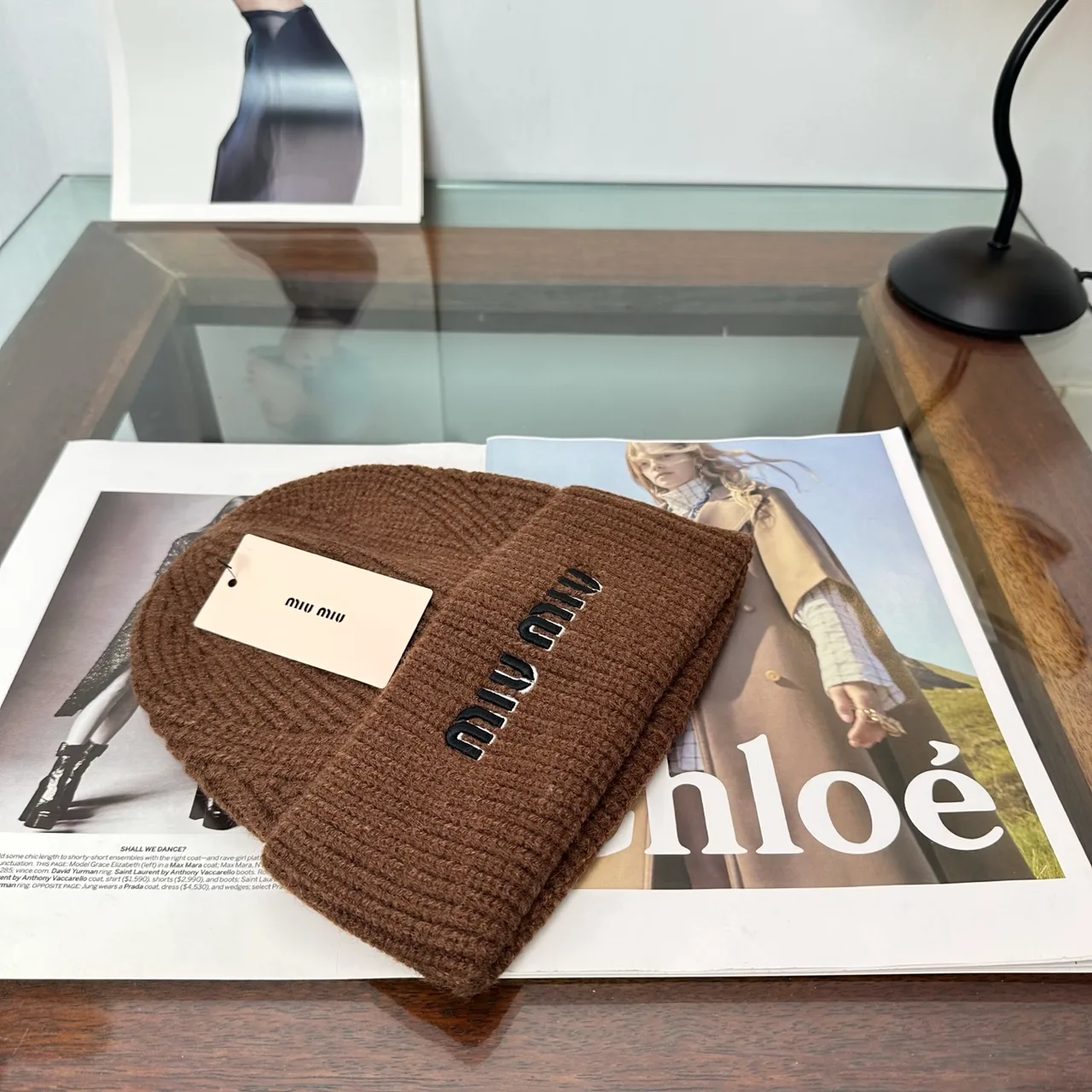Miu Miu Logo knit beanie in Brown & Grey & Black & White & Beige · view 4