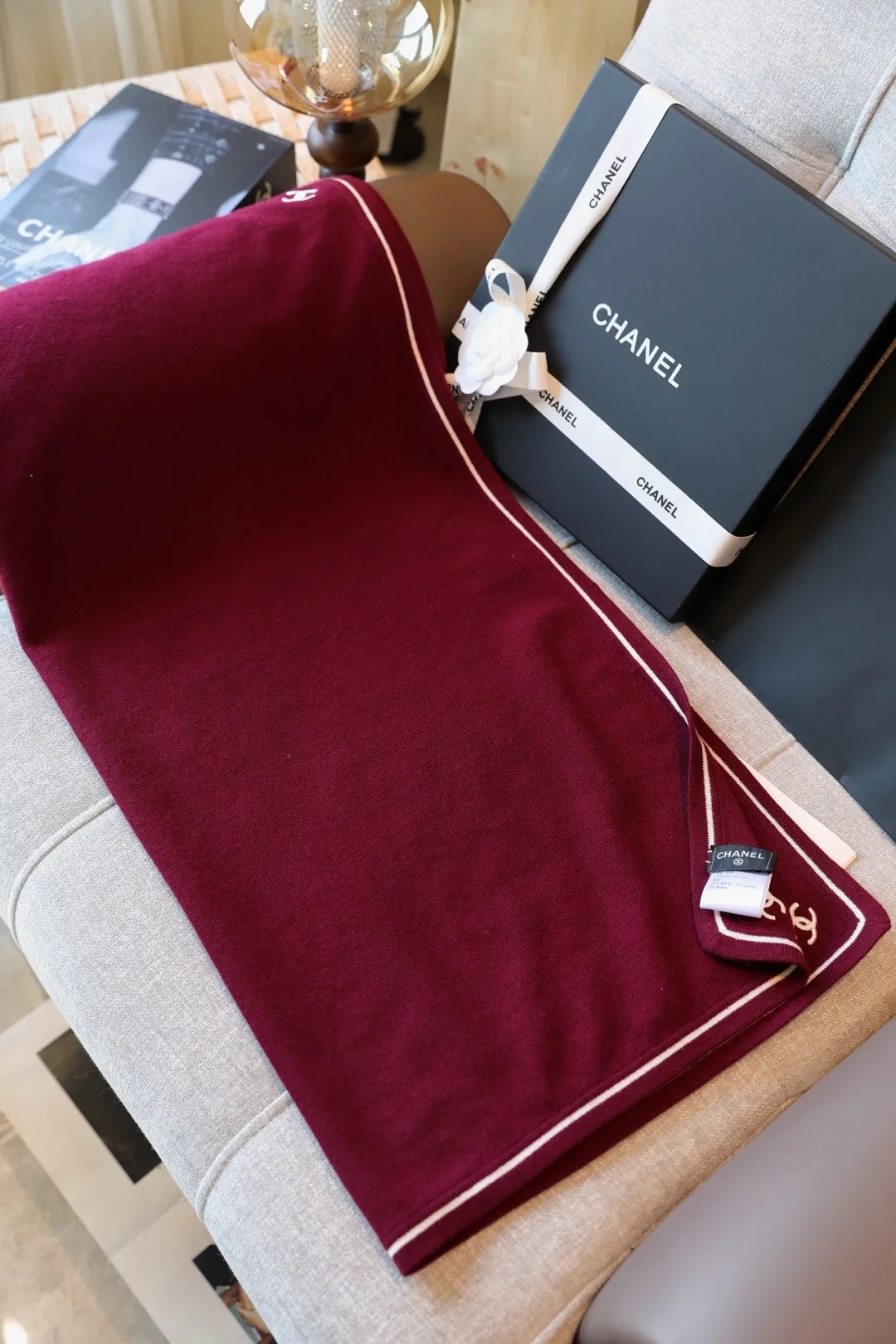 Chanel Wool Cashmere Scarf in Burgundy · view 5