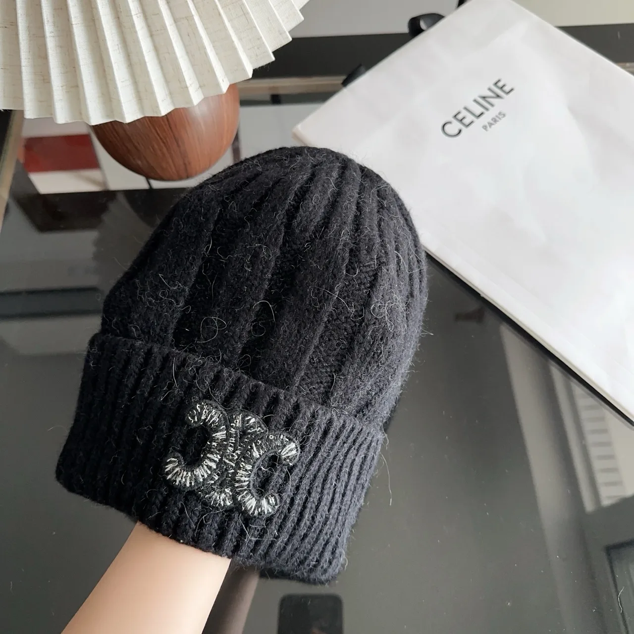Celine Ribbed Beanie in Black · view 3