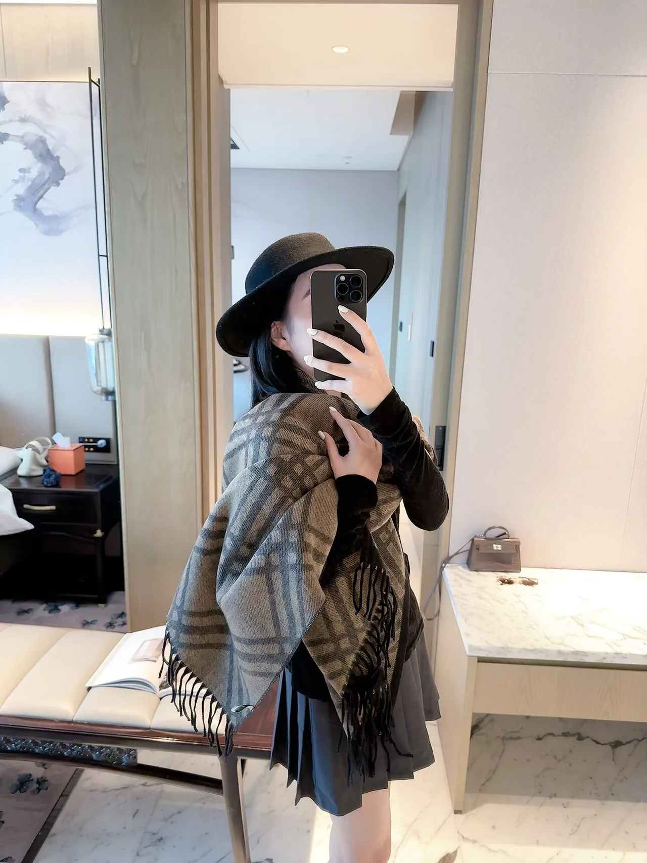 Burberry Knight and Check Fringe Scarf in Grey & Blue & Pink & Brown · view 4