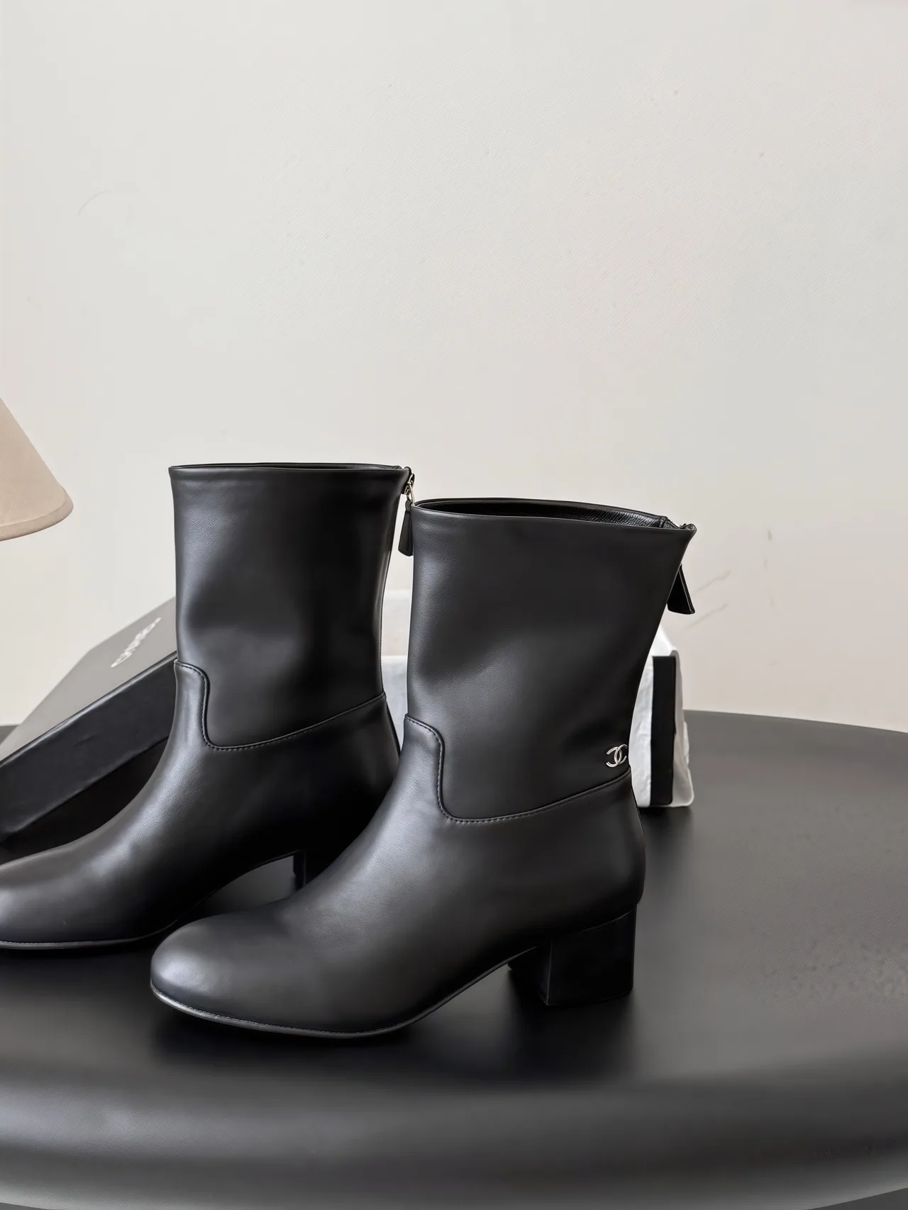 Chanel Sheepskin Glossy Round-Toe Boots in Black · view 2