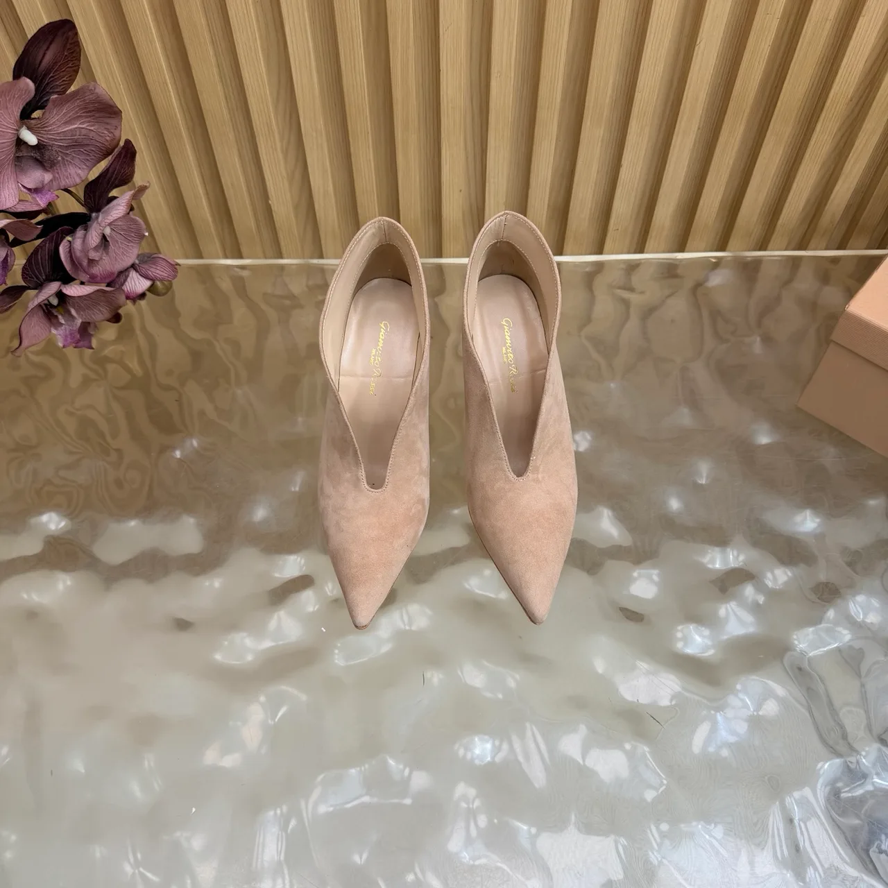 Gianvito Rossi Pointed-Toe Heeled Ankle Boots in Beige · view 5