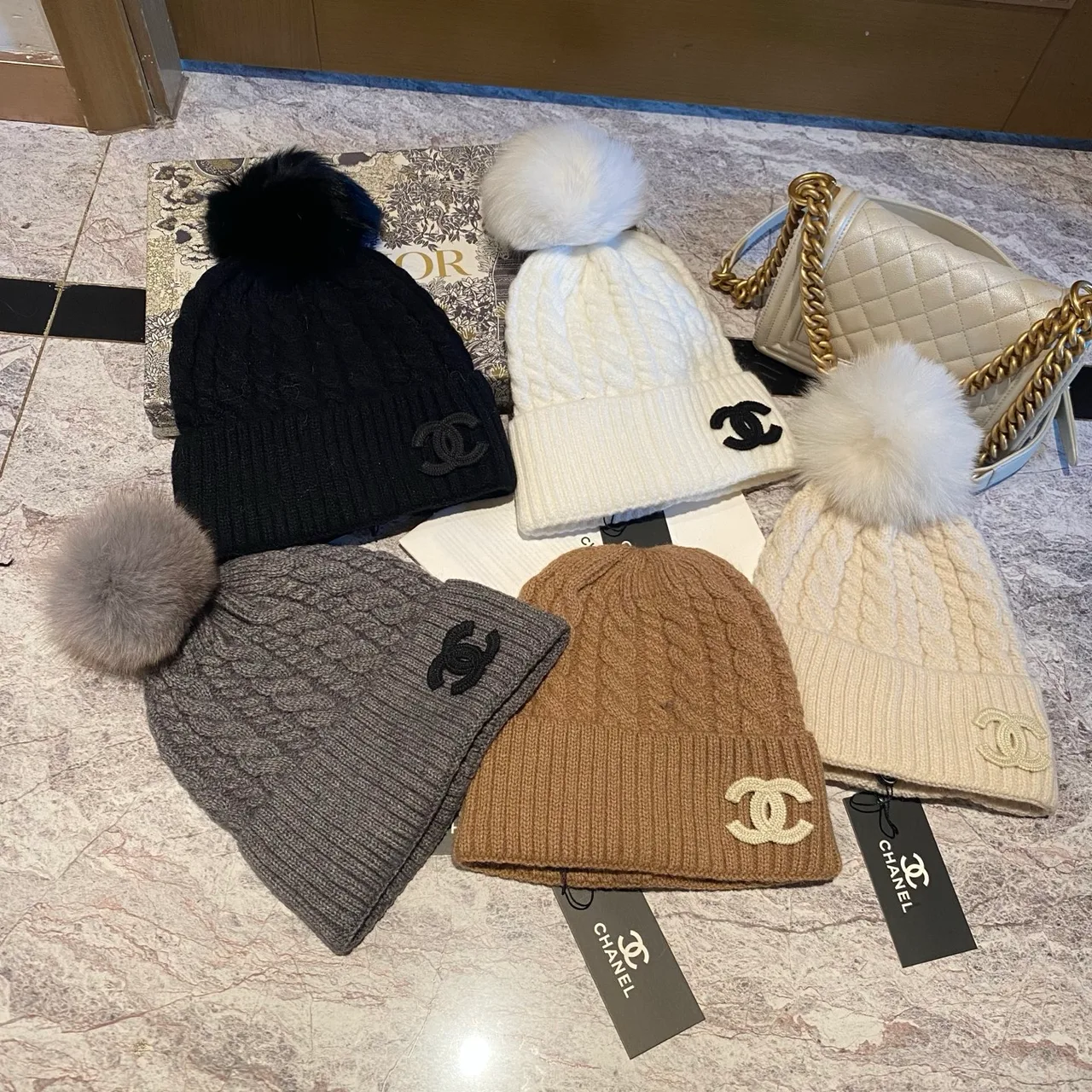 Chanel Pom-Pom Beanie in Black & White & Beige & Brown & Grey · view 7
