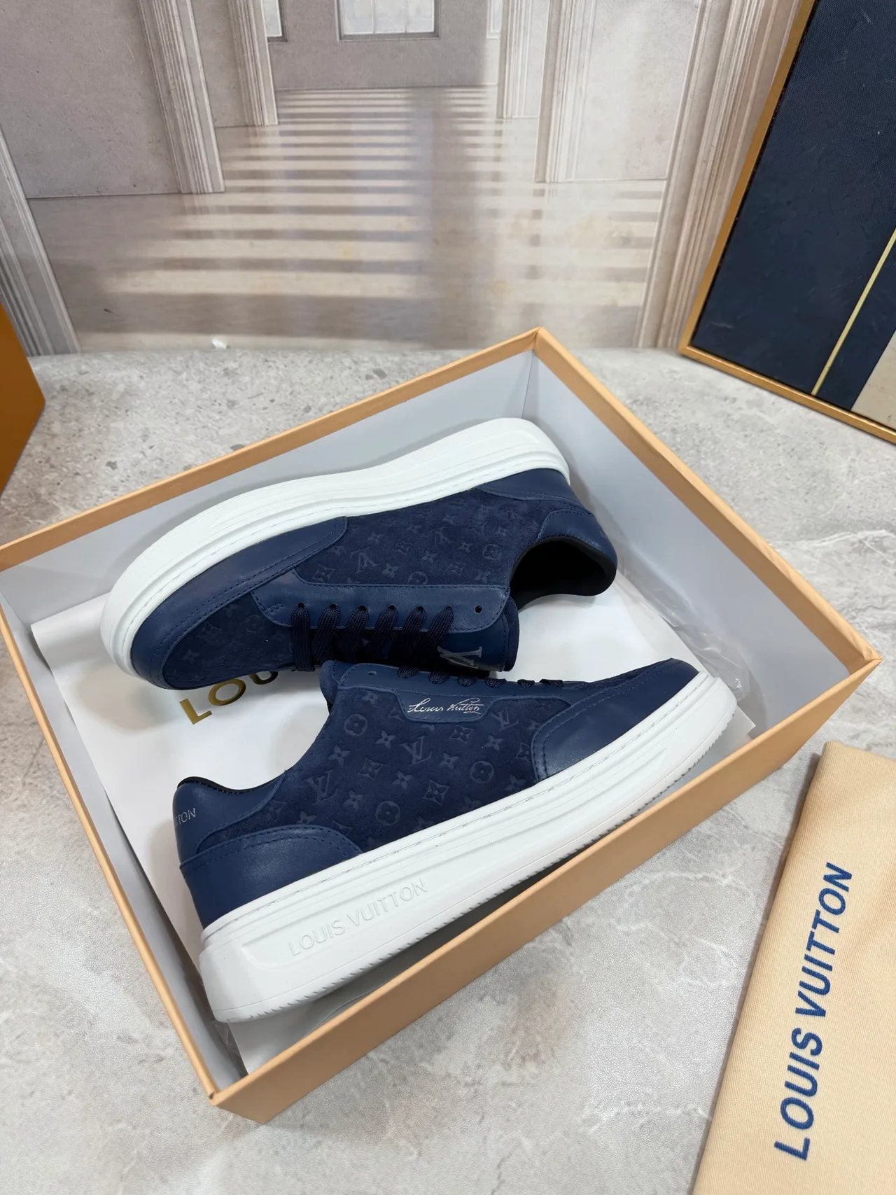 Louis Vuitton Calfskin Monogram Low-Top Sneakers in Blue · view 5