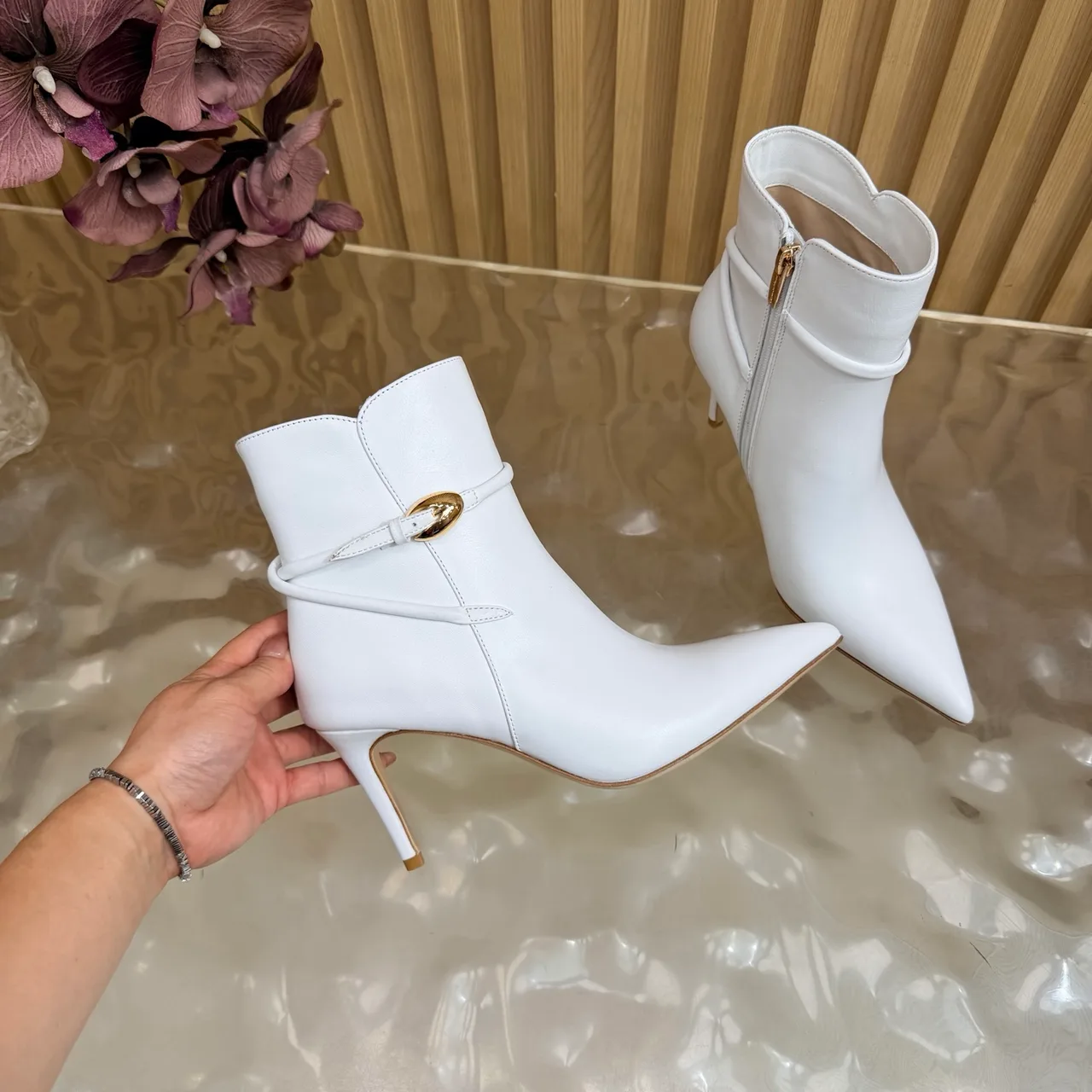 Bottega Veneta Glossy Pointed-Toe Buckle Ankle Boots in White · view 7
