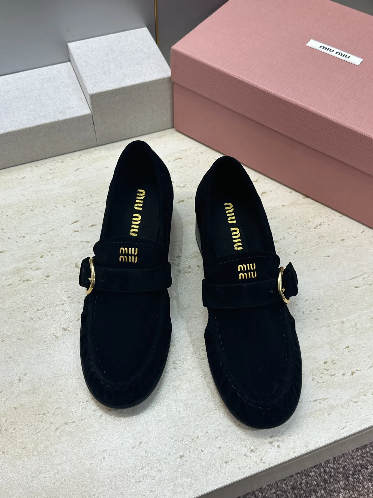 Miu Miu Cowhide Sheepskin Buckle Suede Heeled Loafers in Black · view 2