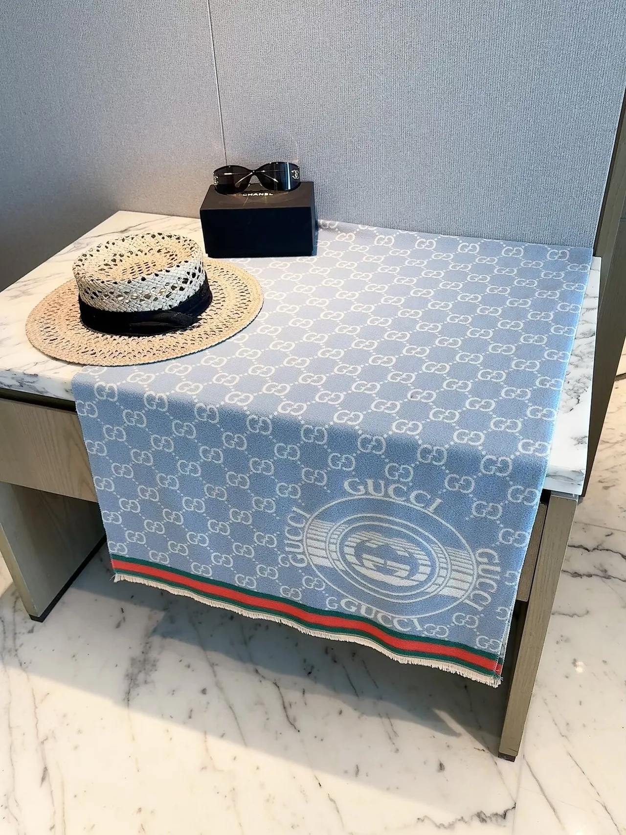 Gucci GG Web Shawl in Blue & Burgundy & Beige · view 1