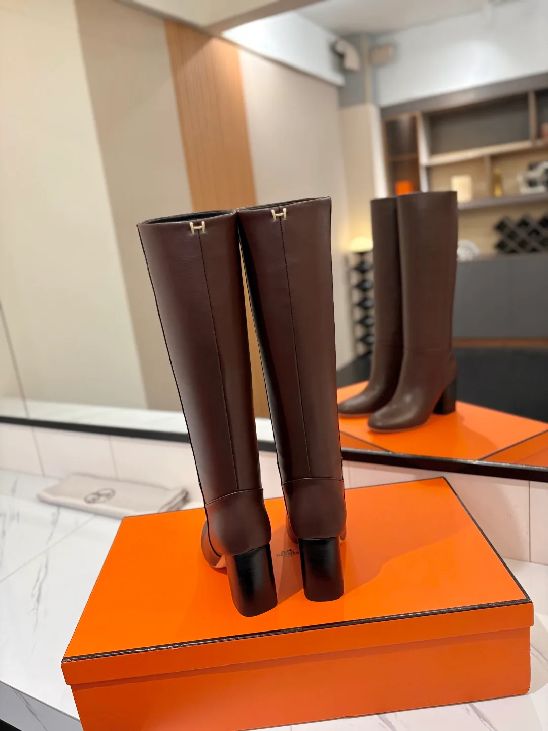 Hermes Cowhide Knee-High Boots in Brown · view 6
