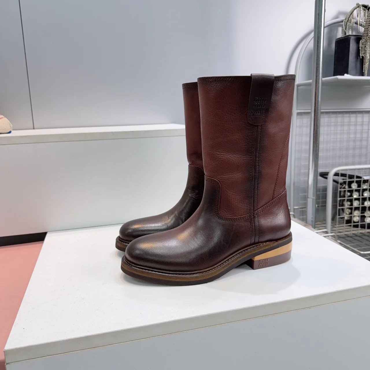 Miu Miu Cowhide Smooth Round-Toe Pull-On Boots in Brown · view 7