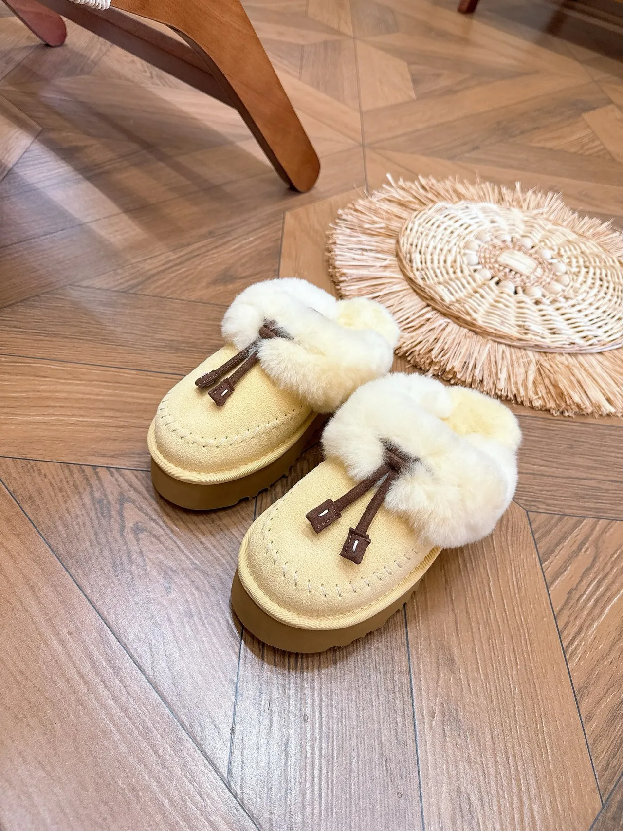 Glossy Tassel Plush-Cuff Platform Mules in Yellow · view 3