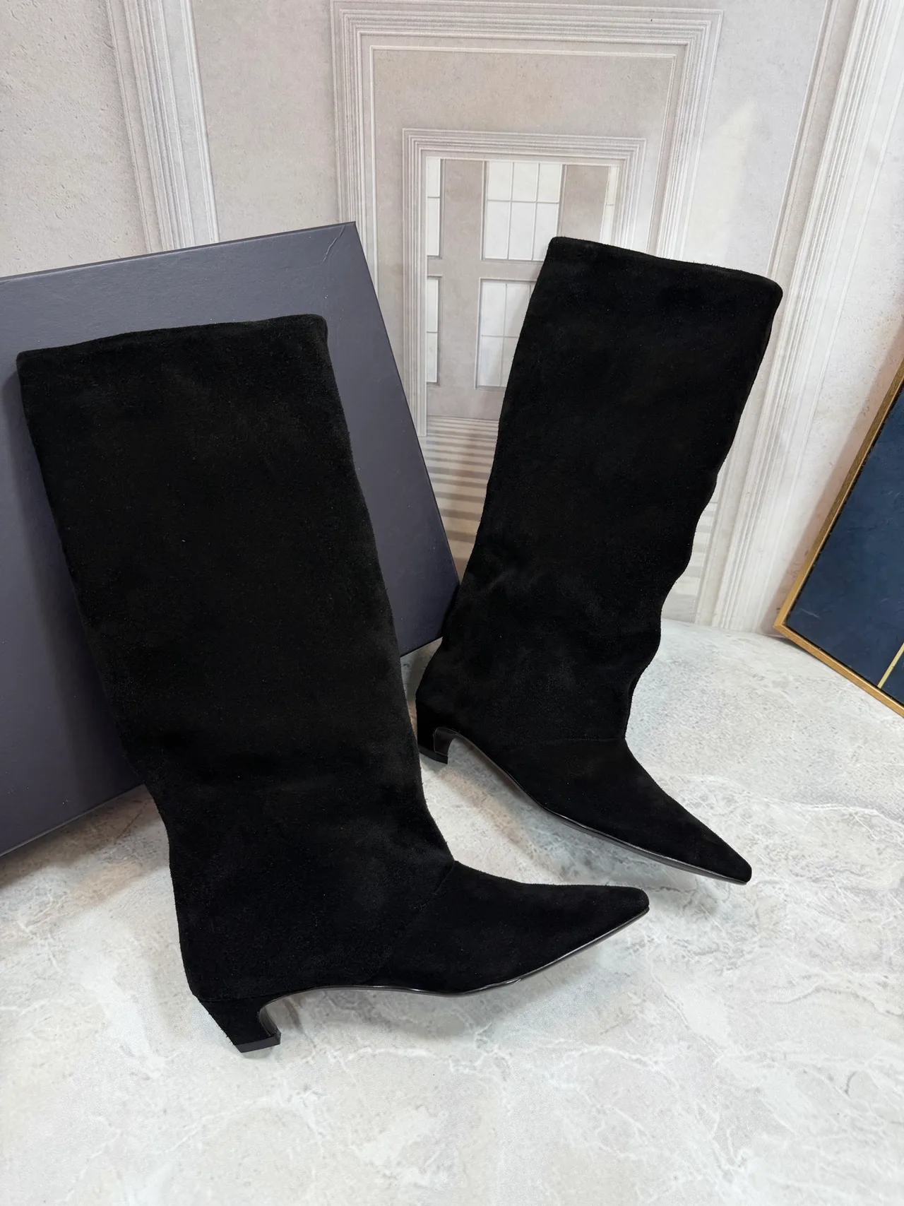 Suede-Look Pointed-Toe Knee-High Block-Heel Boots in Black · view 2