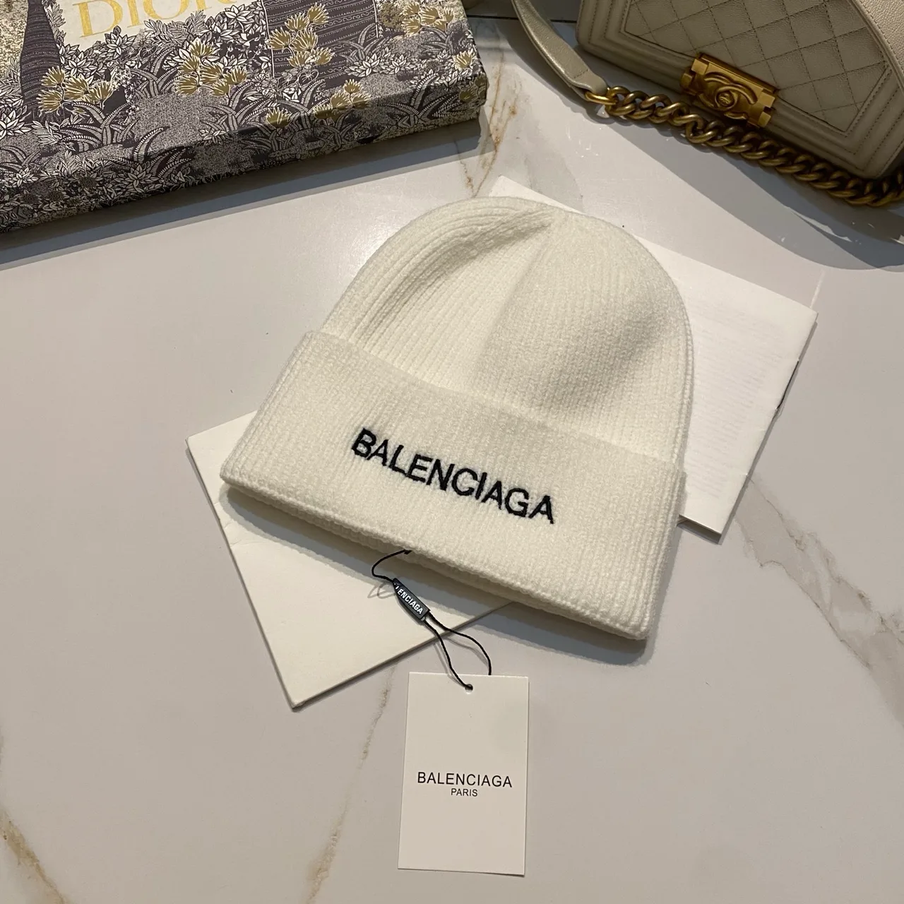 Balenciaga Logo knit beanie in Black & Beige & White & Grey · view 3