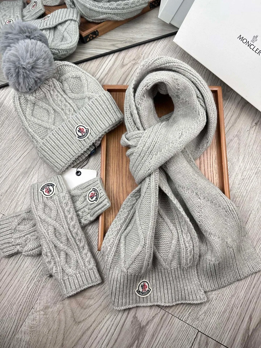 Moncler Wool Hat Scarf and Gloves Set in Grey · view 5