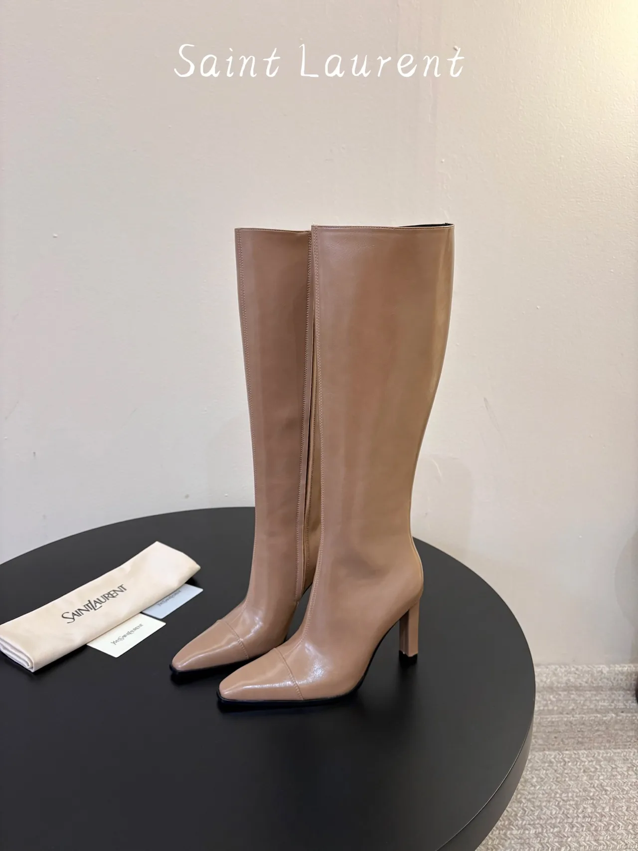 Saint Laurent Cowhide Sheepskin Glossy Pointed-Toe Knee-High Boots in Beige · view 5