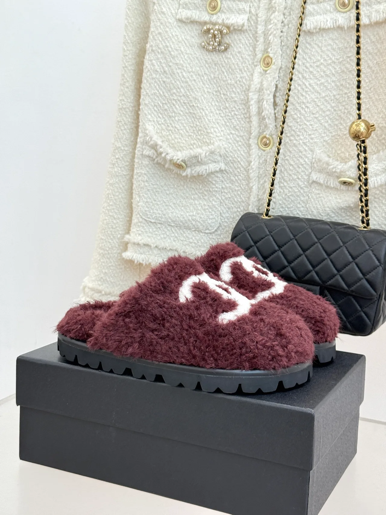 Chanel Denim Slippers in Burgundy · view 1
