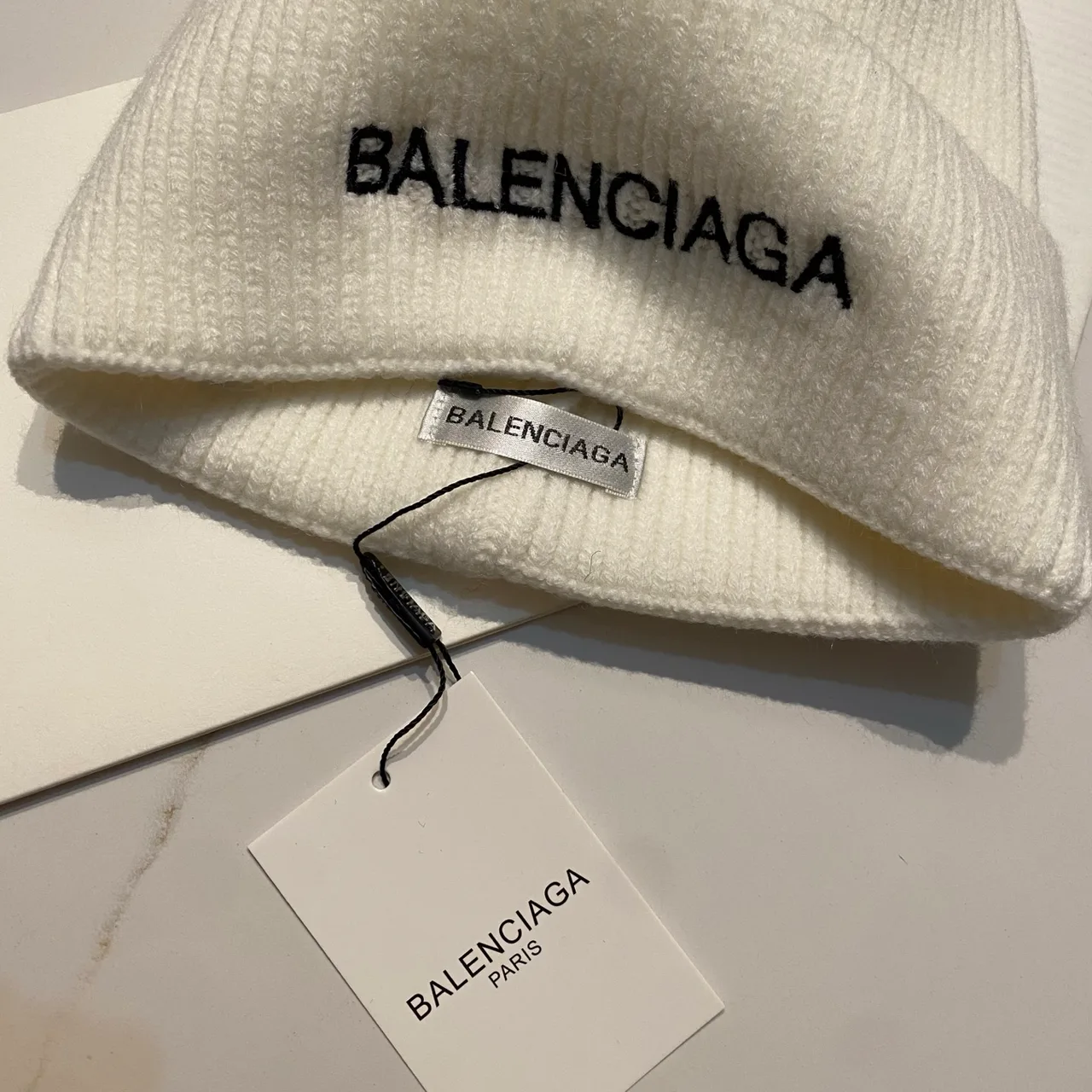 Balenciaga Logo knit beanie in Black & Beige & White & Grey · view 5