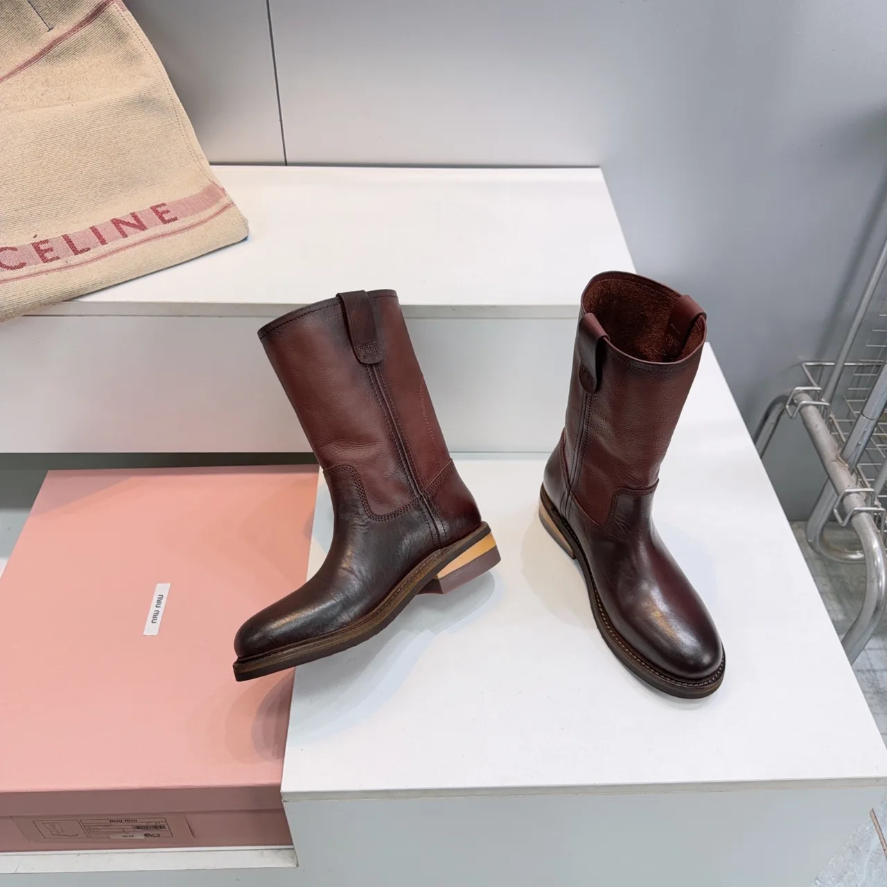 Miu Miu Cowhide Smooth Round-Toe Pull-On Boots in Brown · view 5