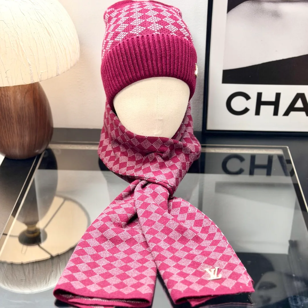 Louis Vuitton Wool Check Hat Scarf and Gloves Set in Pink · view 2