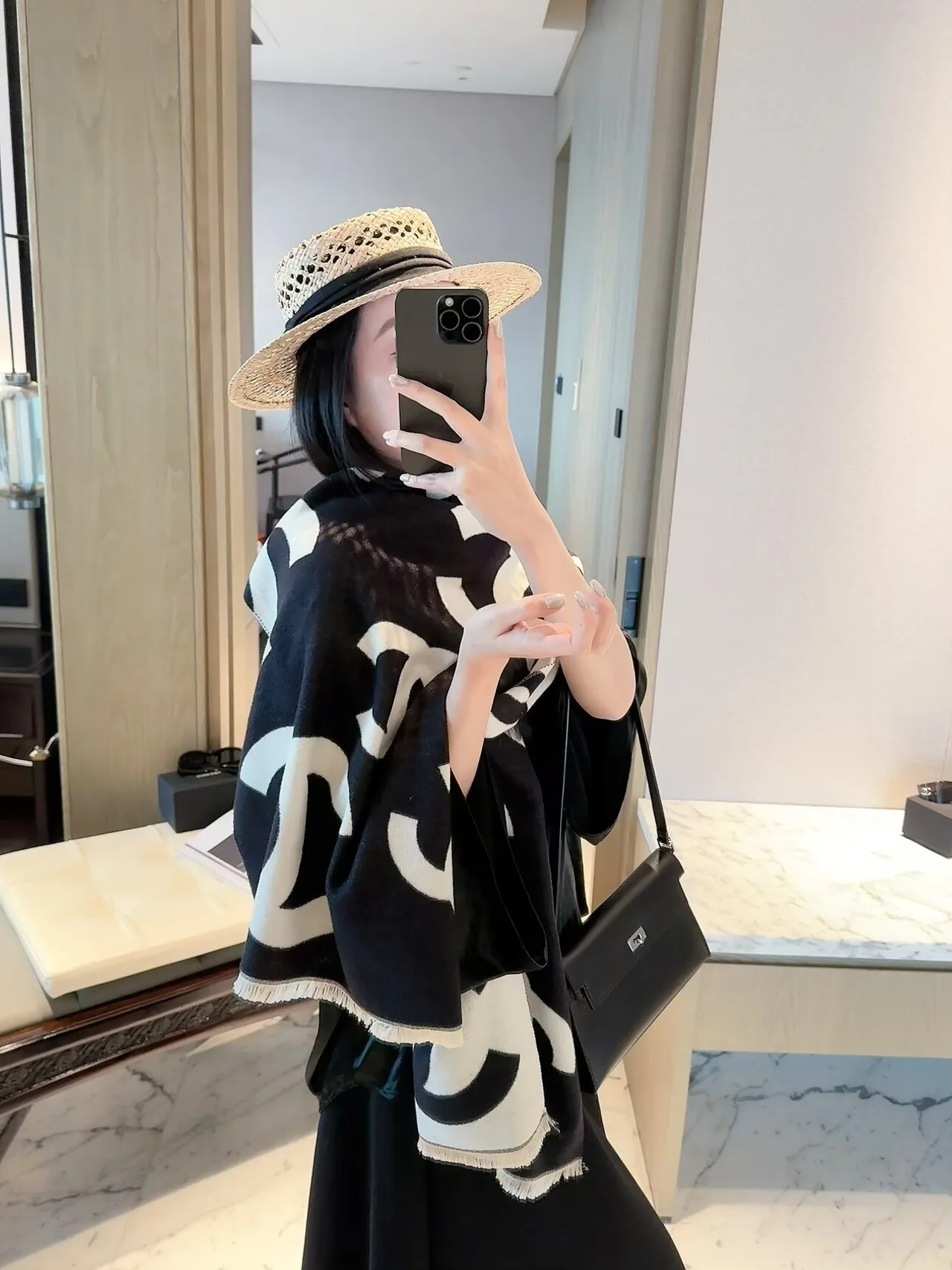 Chanel CC Jacquard Scarf in Beige & Black · view 2