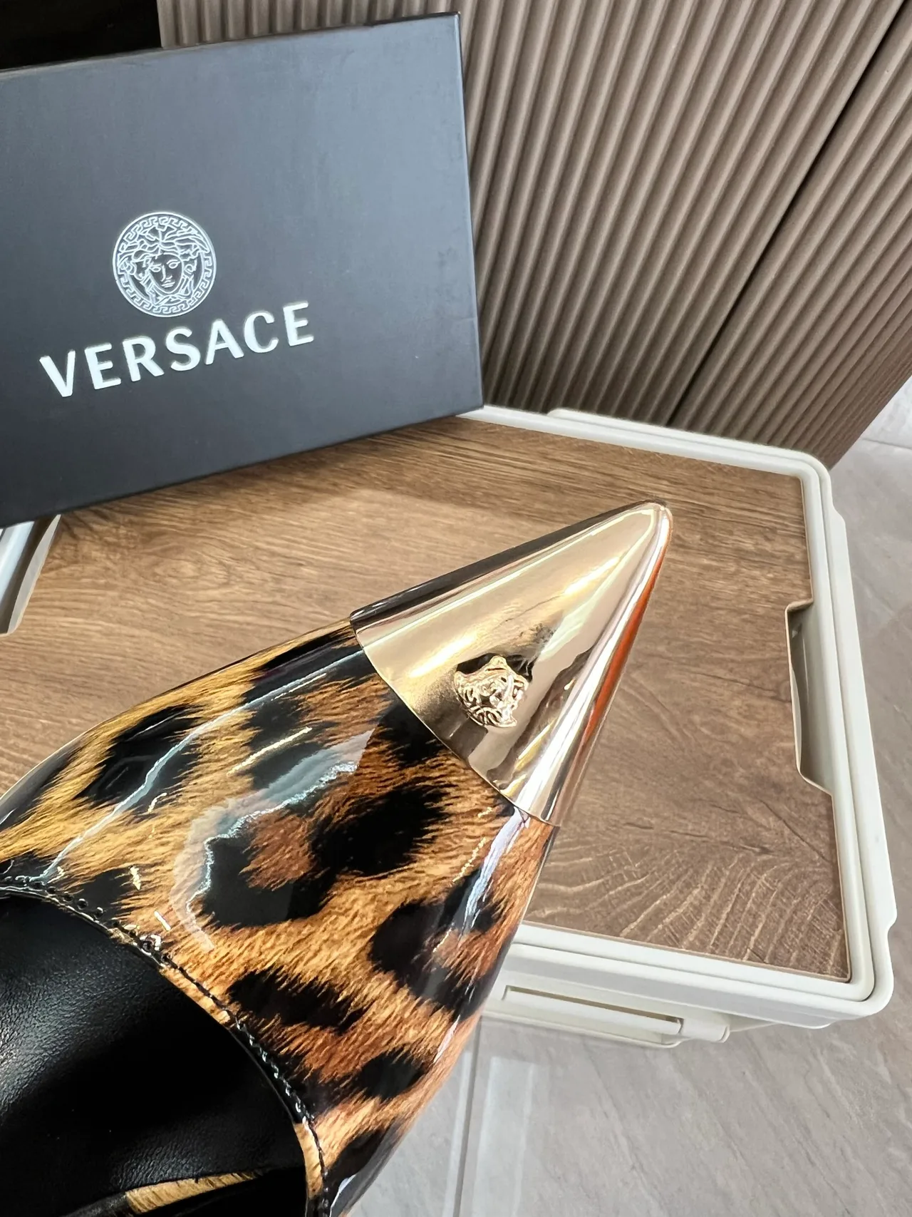 Versace Pointed-Toe Leopard-Print Slingback Pumps in Brown · view 7