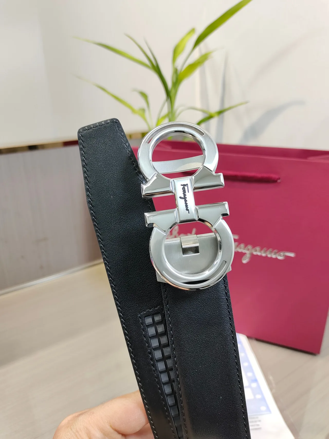 Ferragamo Calfskin Glossy Belt in Black · view 6