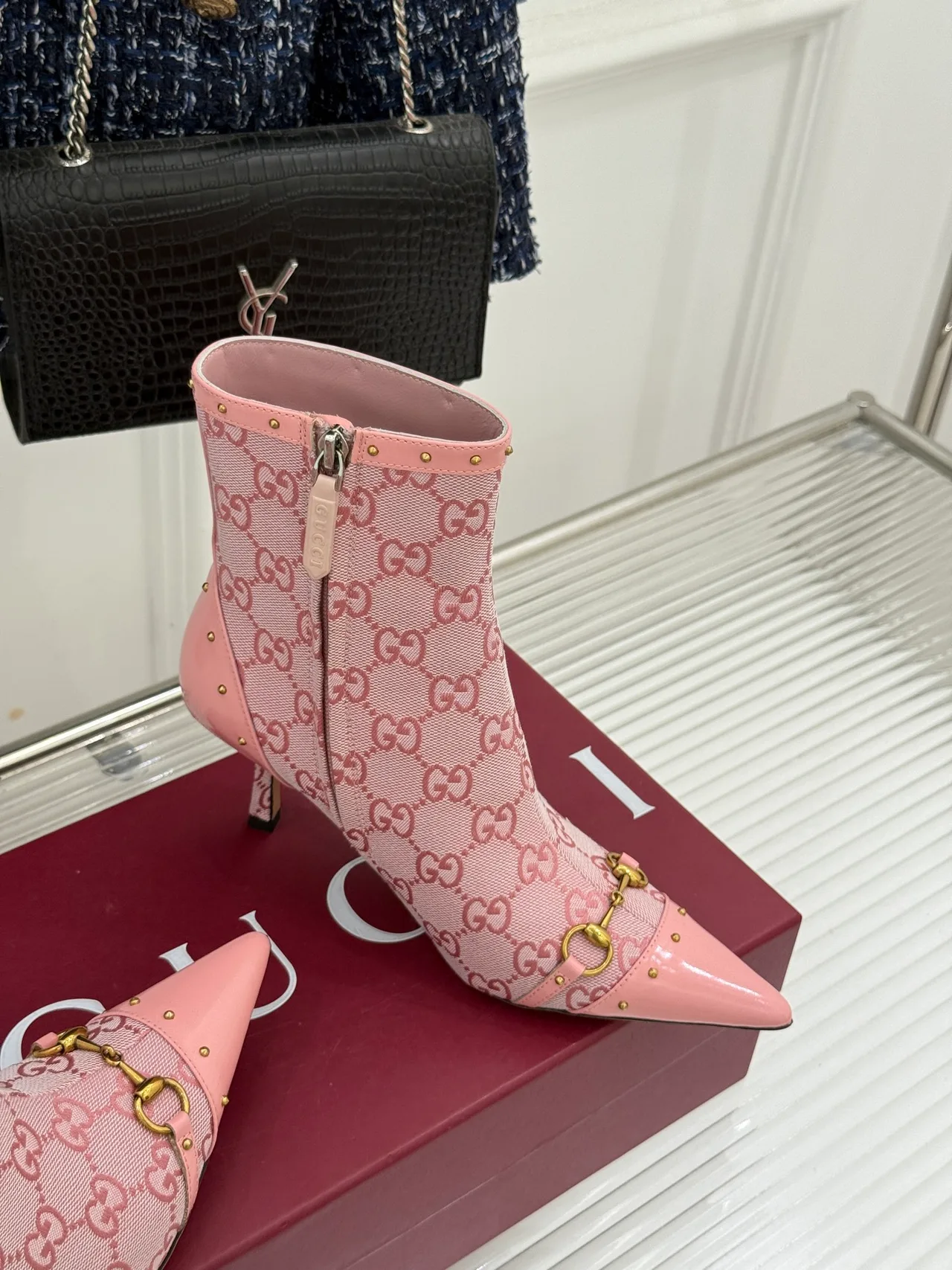Gucci Sheepskin Canvas Ankle Boots in Pink · view 3