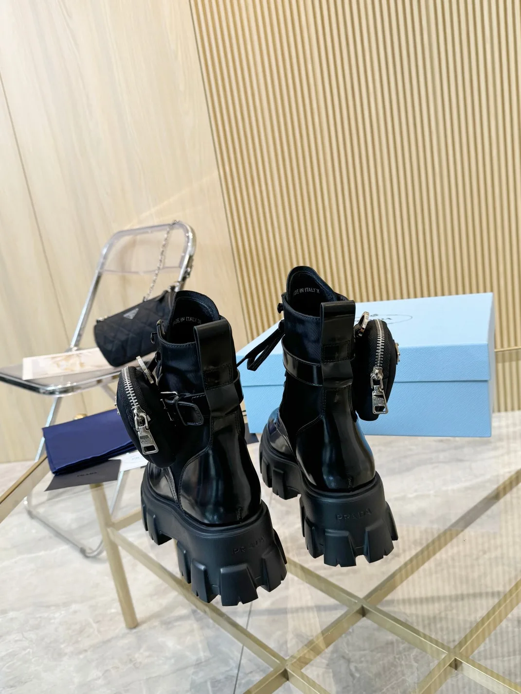 Prada Cowhide Glossy Lace-Up Ankle Boots in Black · view 7