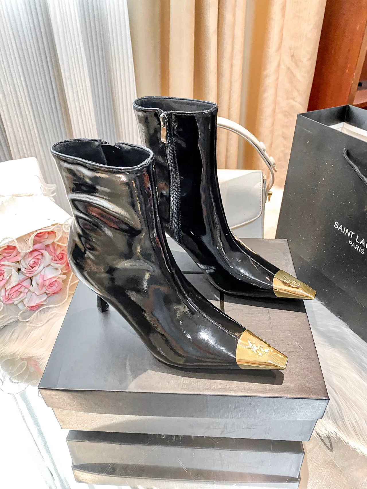 Saint Laurent Glossy Ankle Boots in Black · view 4