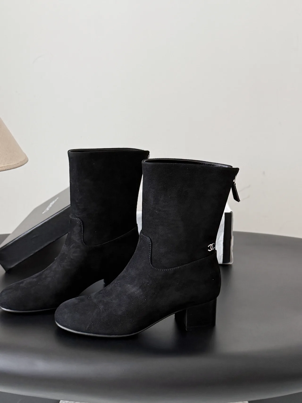 Chanel Sheepskin Suede-Look Round-Toe Ankle Boots in Black · view 2