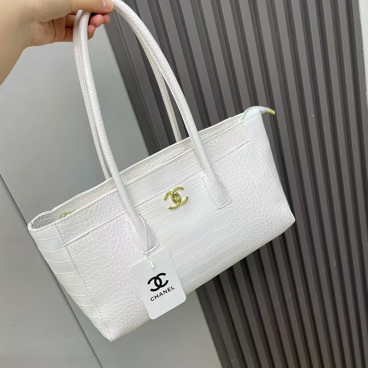 Chanel Croc-Texture Tote in Brown & White & Burgundy & Black · view 4