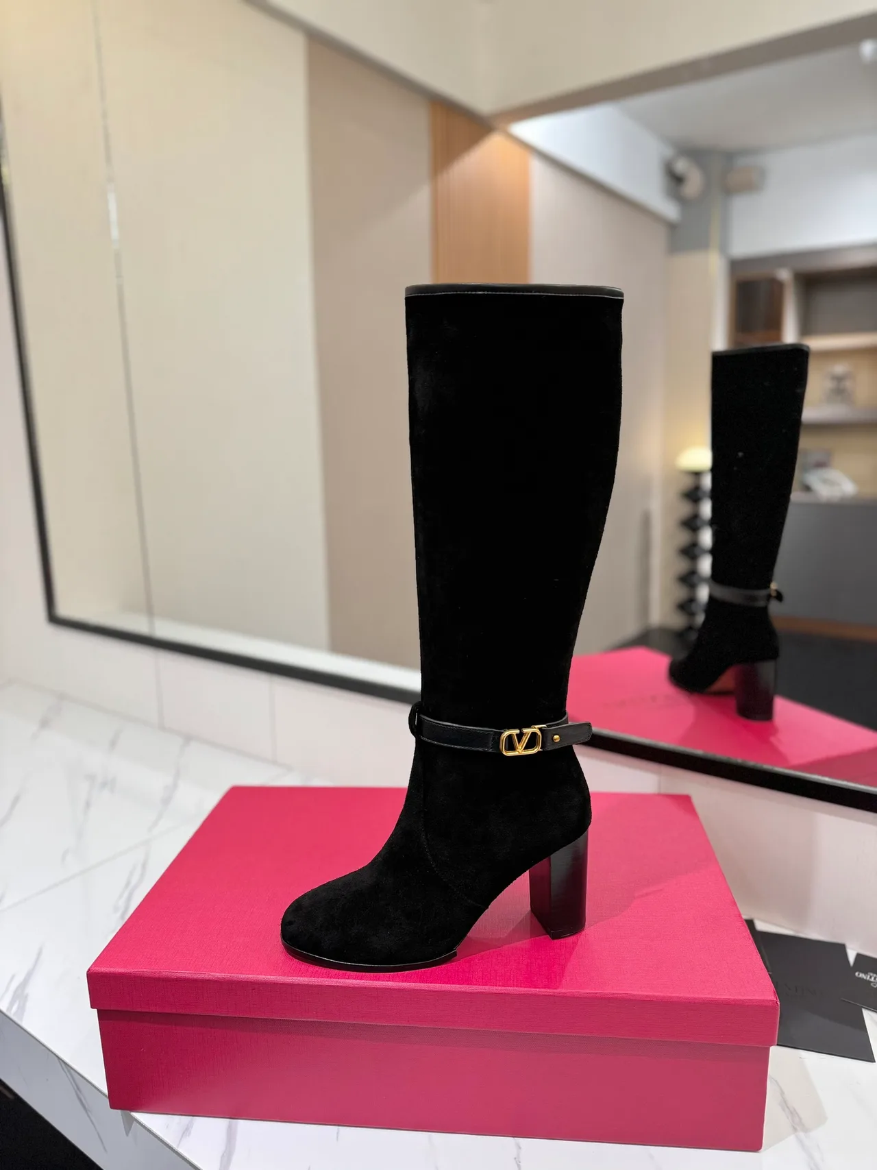 Valentino Calfskin Glossy Suede-Look Buckle Boots in Black · view 5