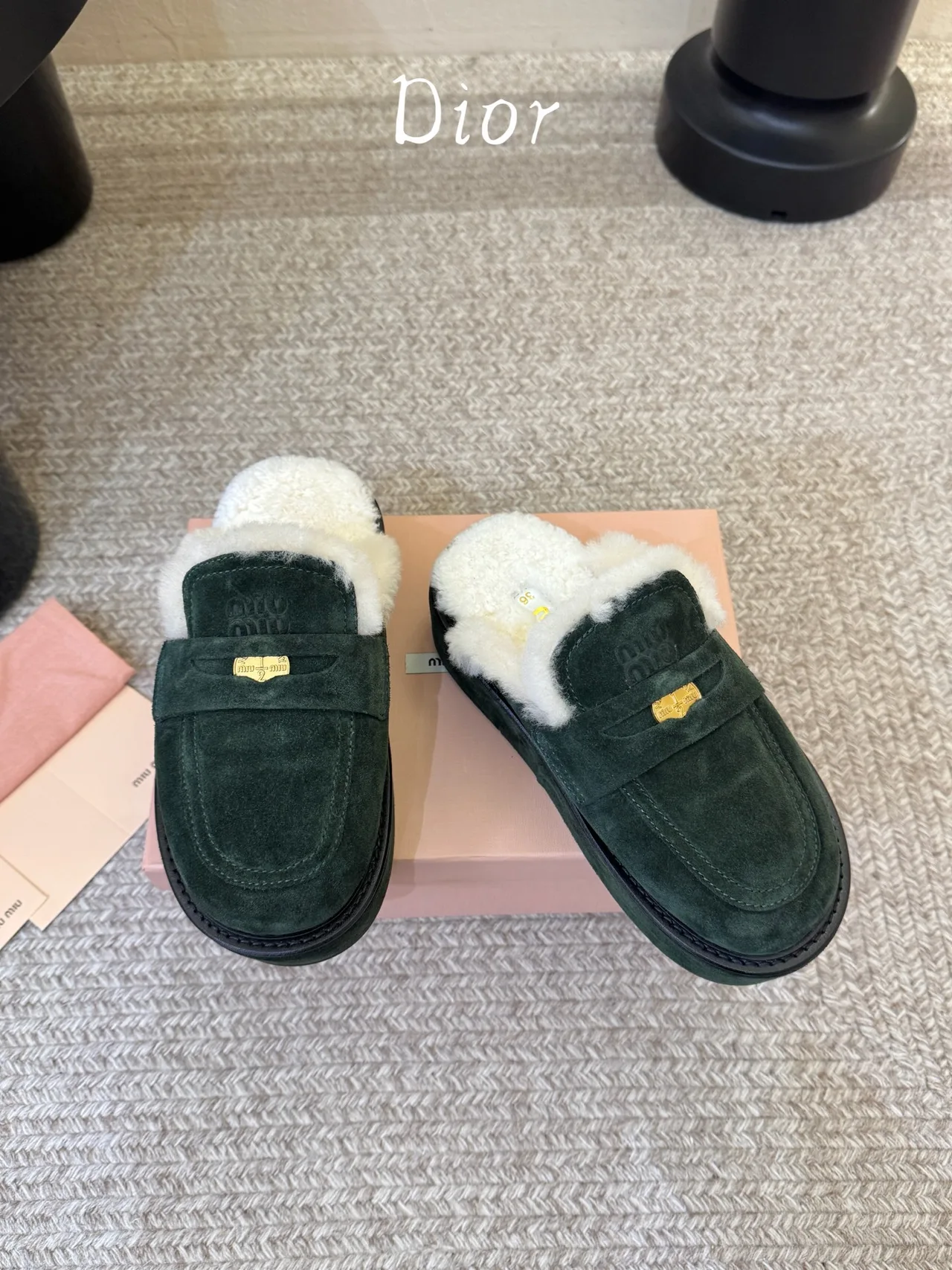 Dior Suede Suede-Look Lined Mules in Green · view 3