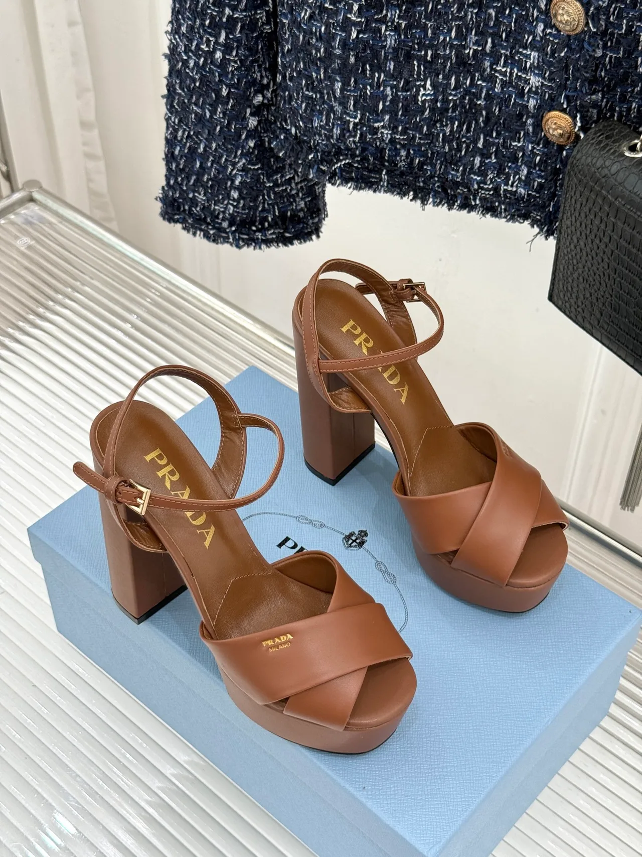 Prada Denim Round-Toe Sandals in Brown · view 3