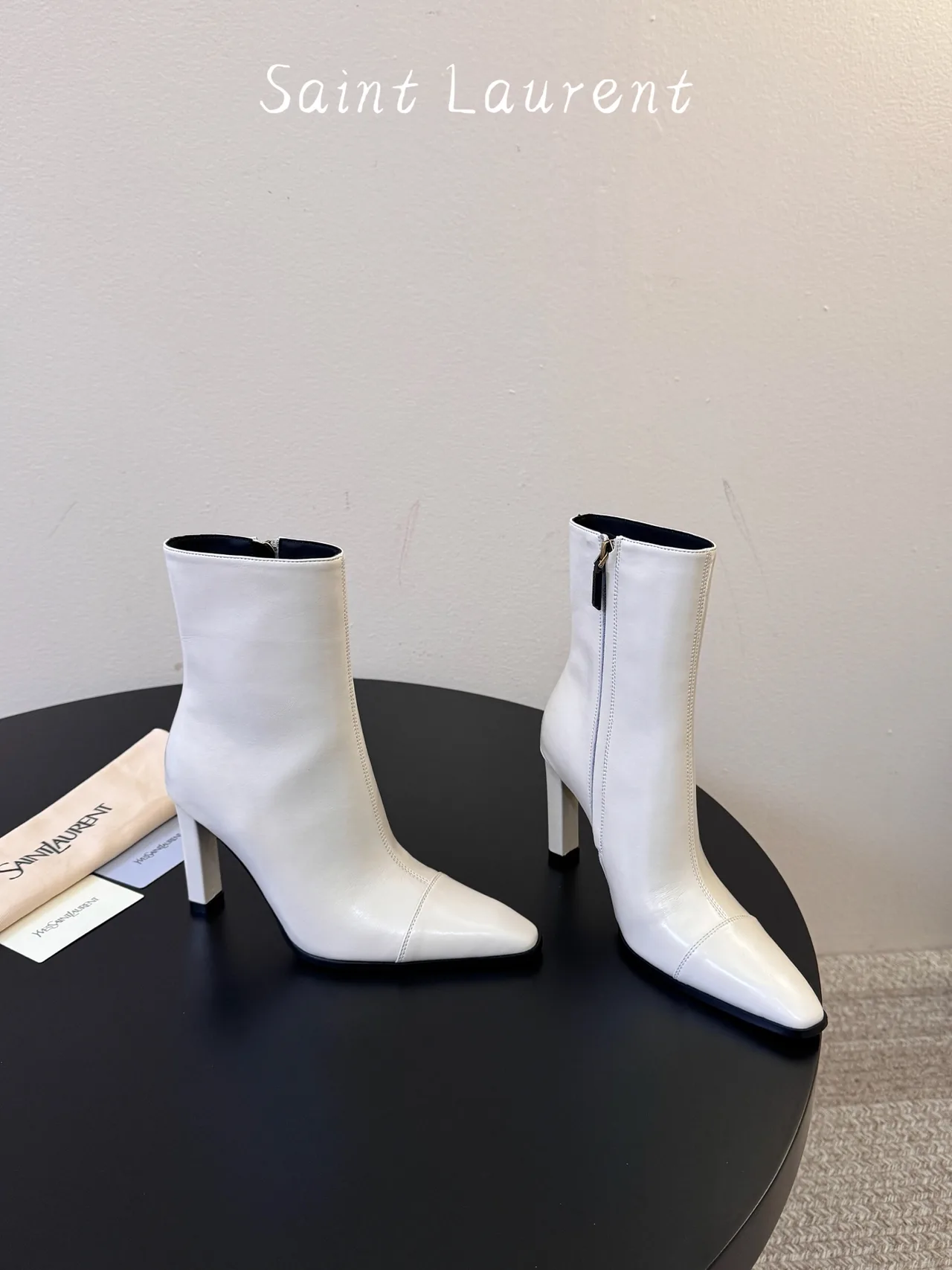 Saint Laurent Glossy Pointed-Toe Ankle Boots in White · view 4