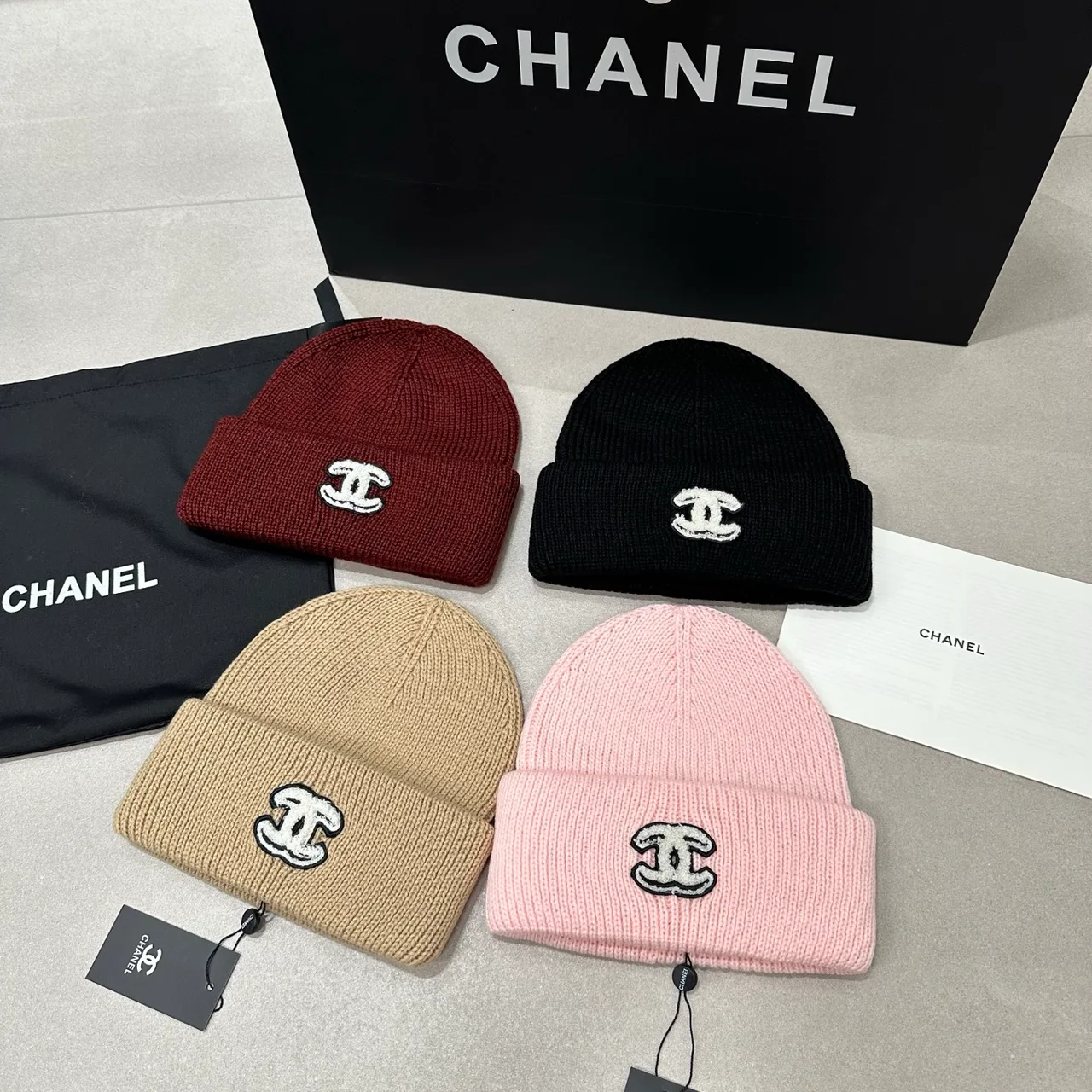 Chanel Knit Beanie in Pink & Burgundy & Black & Beige · view 5