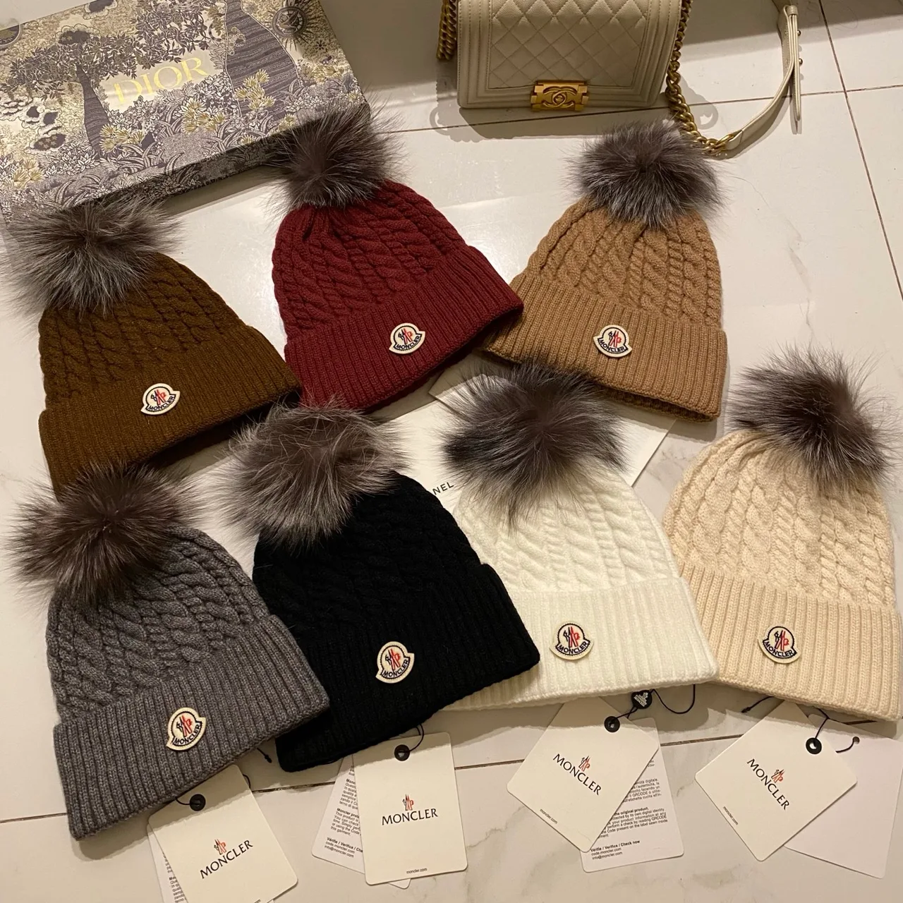 Moncler Cable Pom Beanie in Black & White & Grey & Brown & Burgundy & Beige · view 8