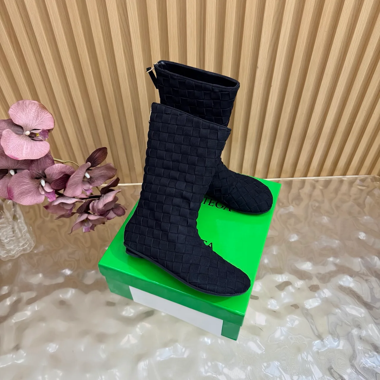 Bottega Veneta Woven Glossy Pointed-Toe Ankle Boots in Black · view 2