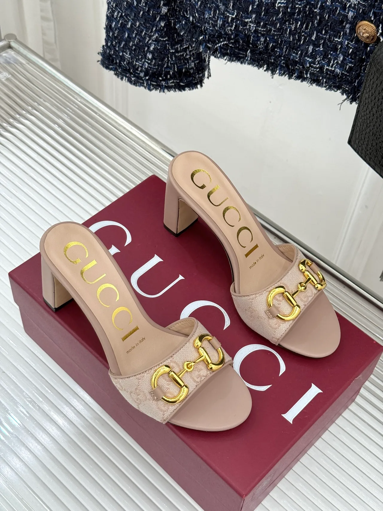 Gucci Canvas Denim Buckle Heeled Mules in Beige · view 3