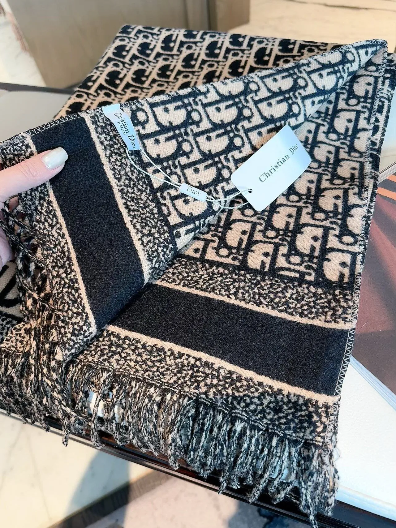 Dior Oblique Fringe Scarf in Grey & Beige · view 8