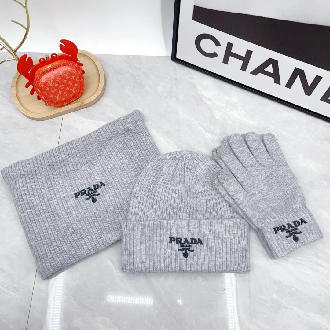 Prada Wool Ribbed Embroidered Hat Scarf and Gloves Set in Grey · view 1