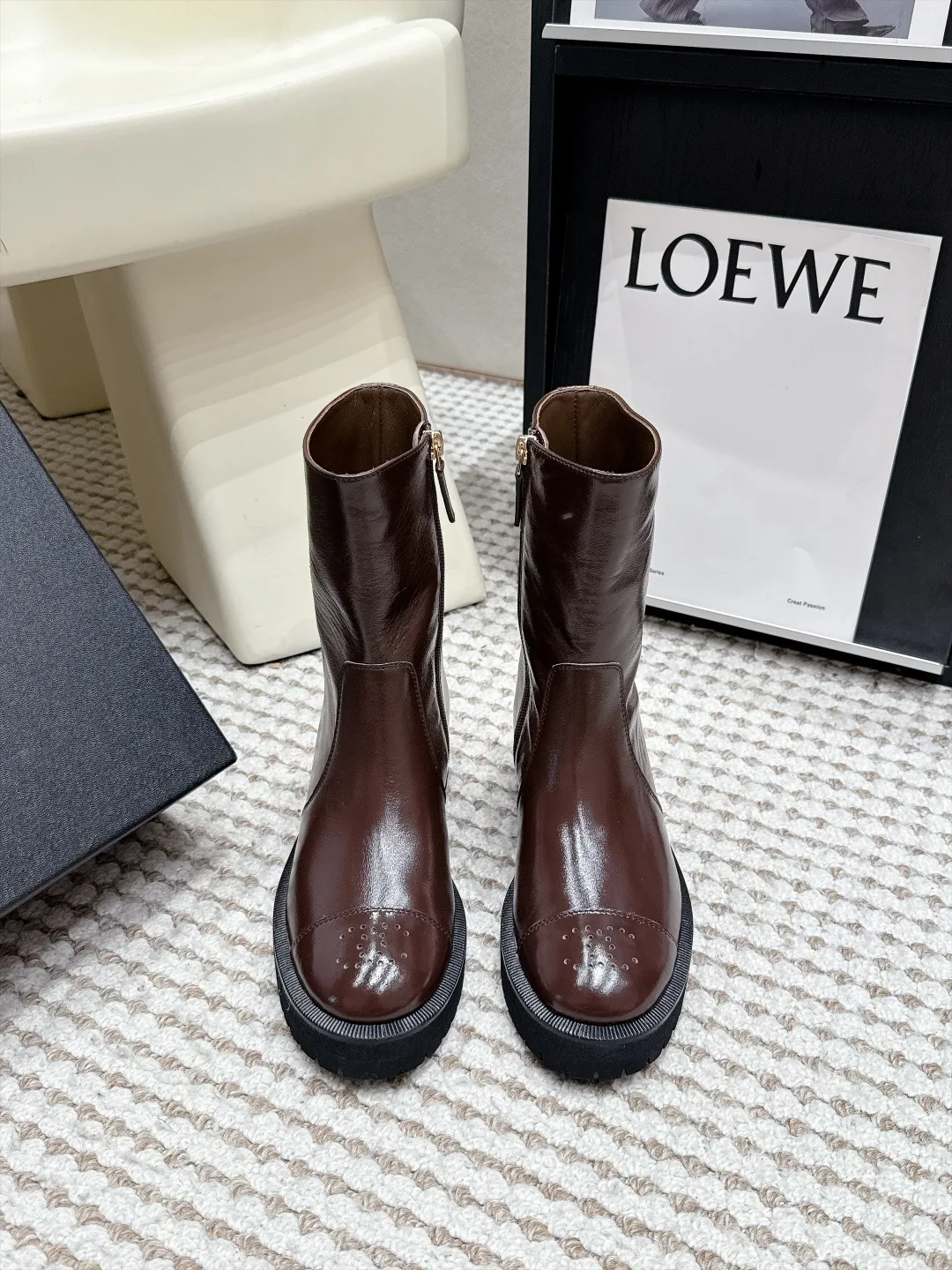 Loewe Cowhide Glossy Round-Toe Ankle Boots in Brown · view 1