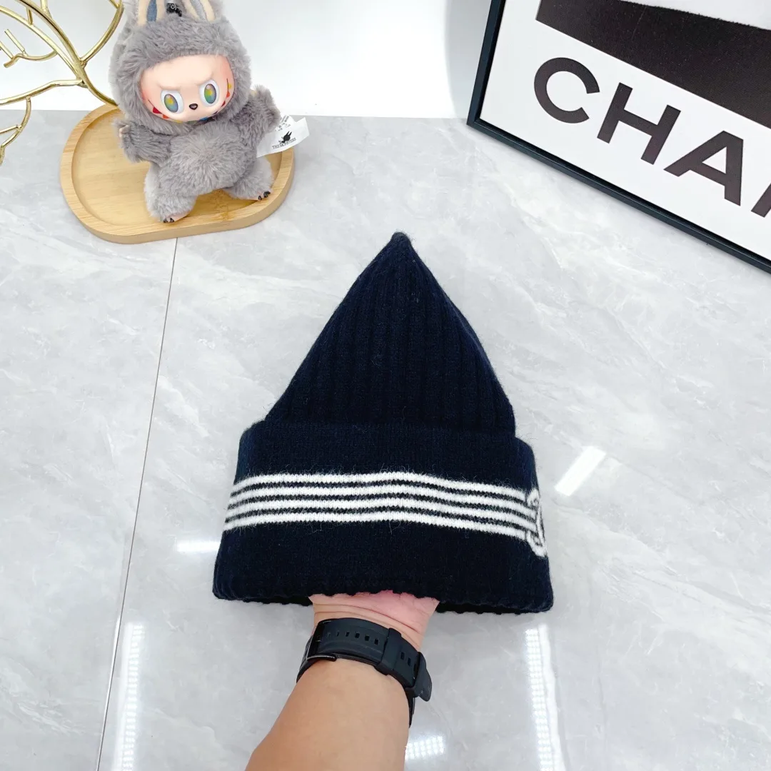 Chanel Ribbed Striped Beanie in Blue · view 7