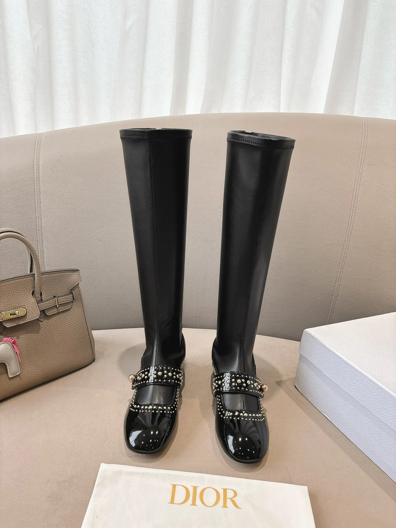 Dior Sheepskin Patent Leather Glossy Pointed-Toe Ankle Boots in Black · view 1