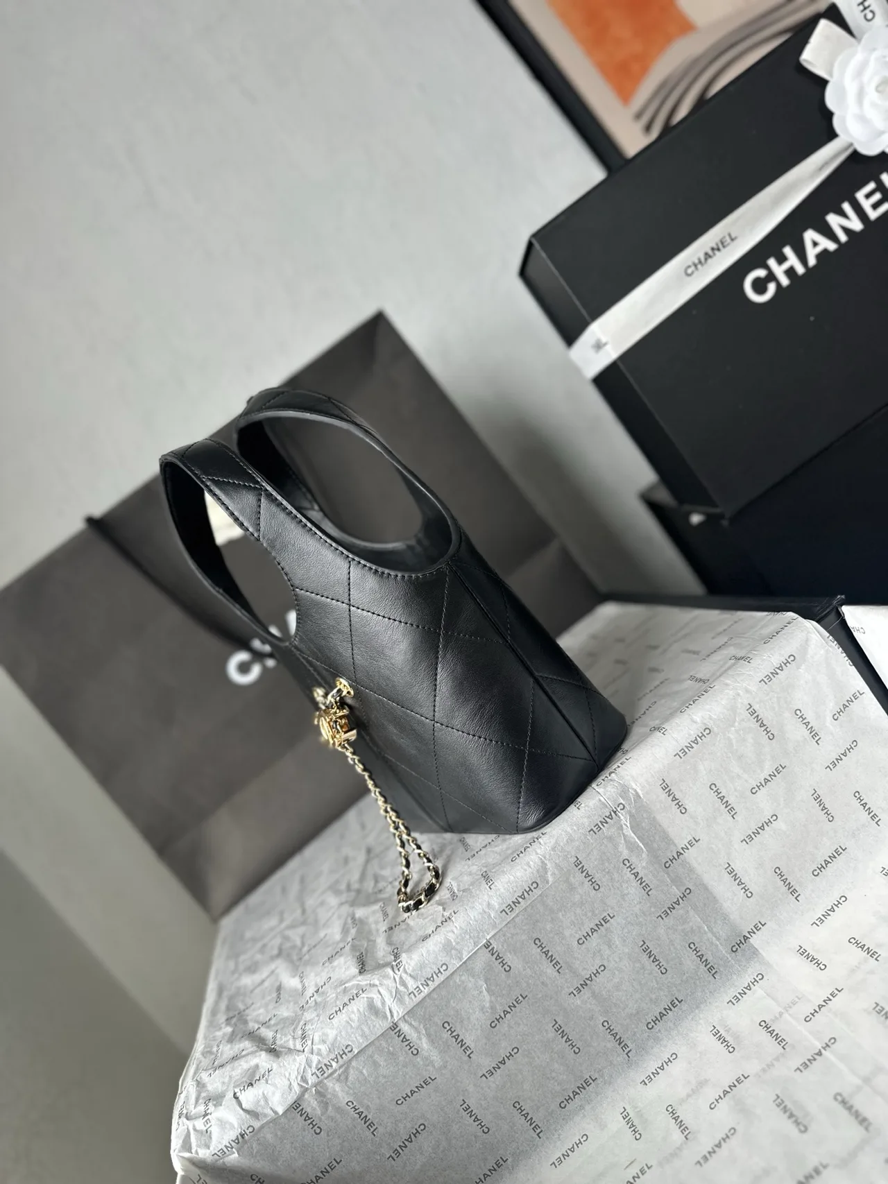 Chanel Leather Quilted Bucket Bag in Black · view 3