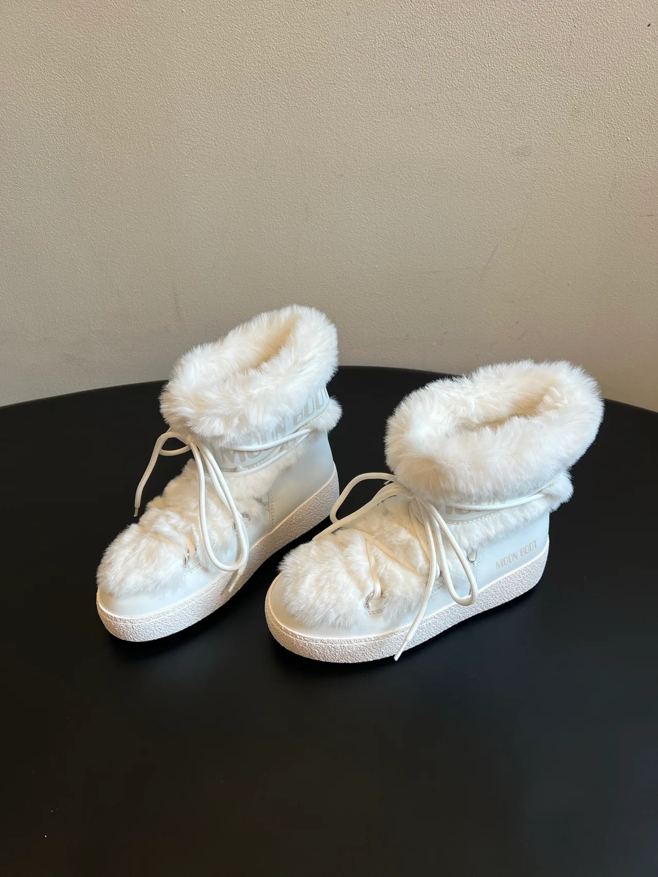 Moon Boot Cowhide Smooth Lace-Up Fleece Snow Boots in Cream · view 2