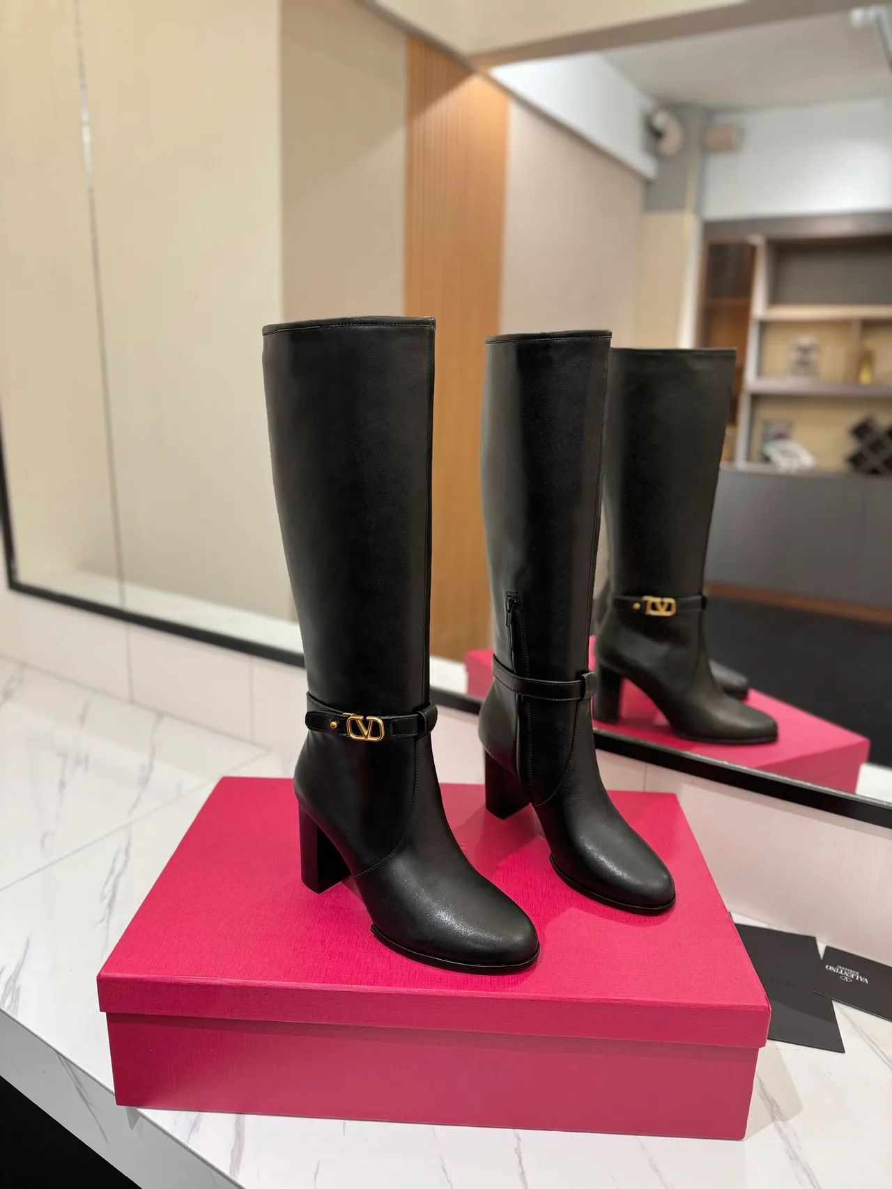 Valentino Calfskin Glossy Buckle Knee-High Boots in Black · view 1