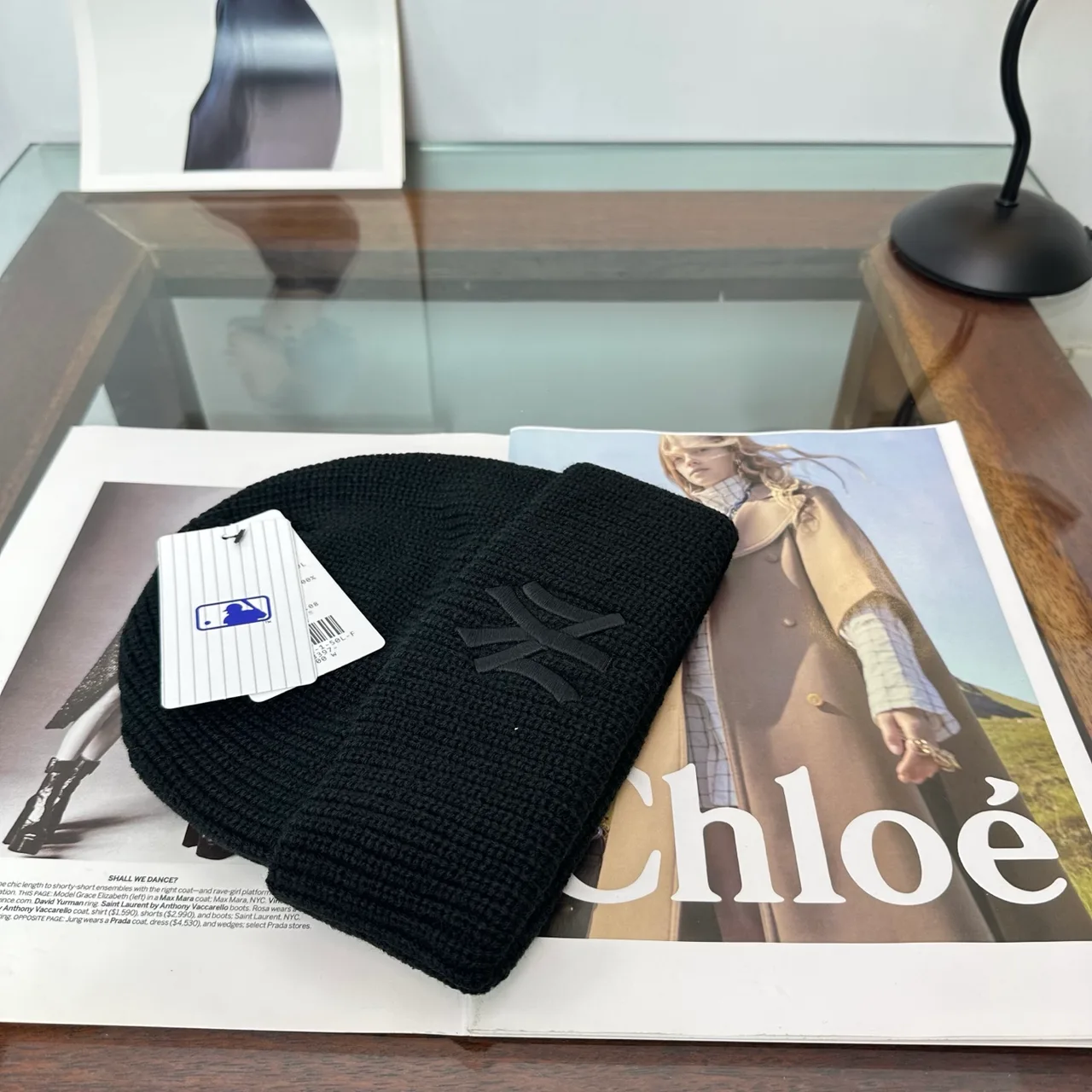 NY Letter Ribbed Beanie in Black · view 3