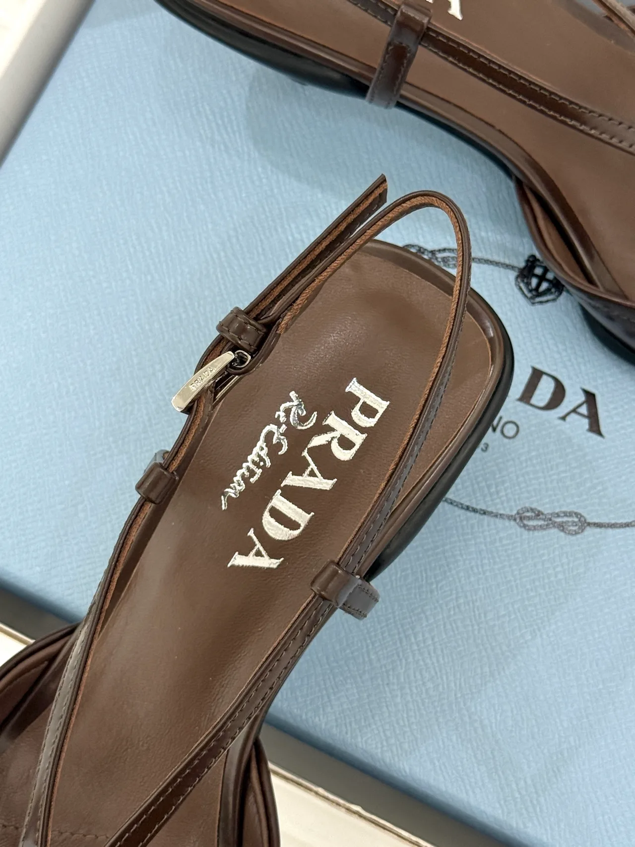 Prada Lambskin Pointed Slingback Pumps in Brown · view 8
